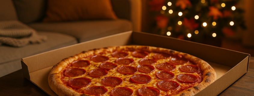 Pizza chaude et gourmande en livraison durant le mois de décembre, ambiance hivernale et repas réconfortant