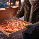 Client tenant une boîte de pizza à emporter par temps froid, vapeur légère, ambiance urbaine hivernale, pizza croustillante en ouverture de boîte