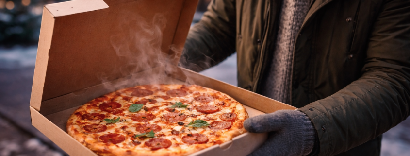 Client tenant une boîte de pizza à emporter par temps froid, vapeur légère, ambiance urbaine hivernale, pizza croustillante en ouverture de boîte