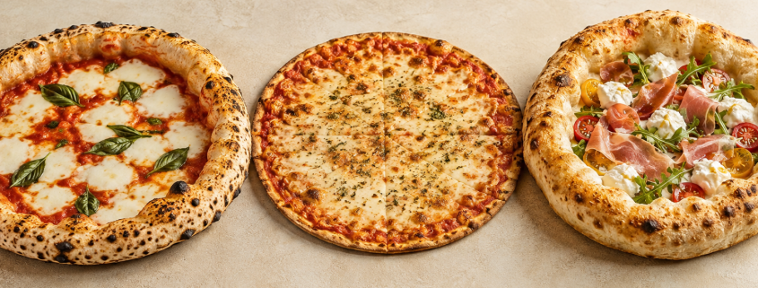 izza napolitaine, pizza romaine et pizza contemporaine présentées côte à côte